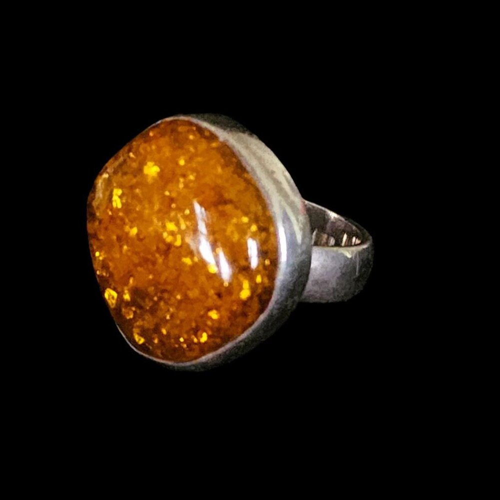 Vintage Sterling Silver 90s Large Round Baltic Amber Statement Ring Size 7.5